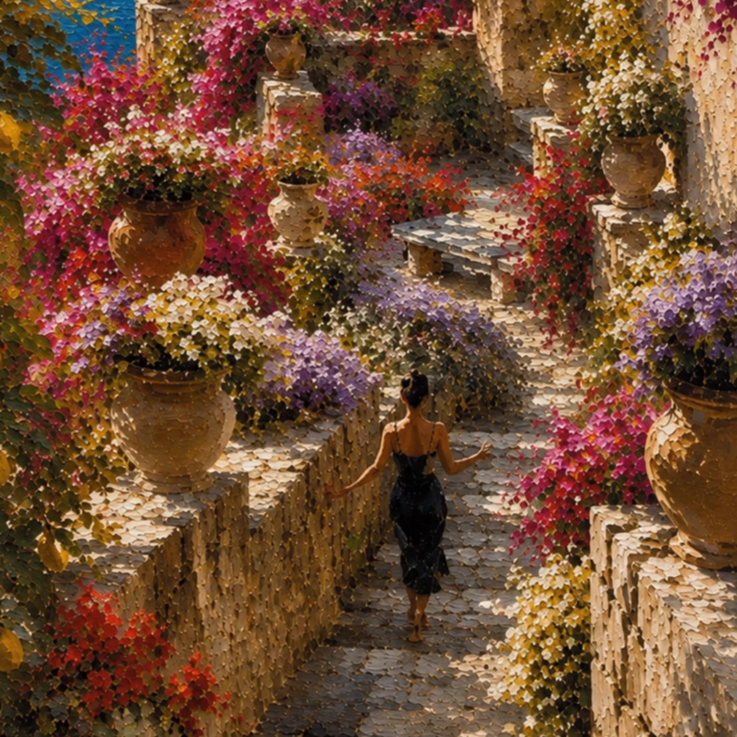 Framed art print titled "The Garden" by LunarHeartCo, depicting a Mediterranean-inspired garden scene with lush greenery and vibrant colors.
