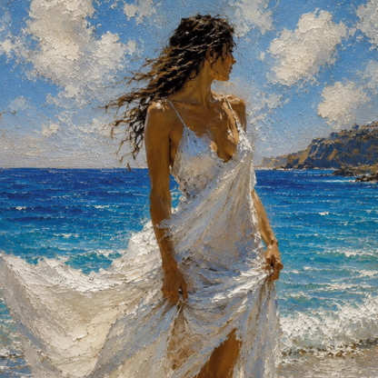 Close-up of Mediterranean coastal wall art with blue sea, white dress, wind movement, and painterly texture.