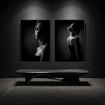 Framed fine art prints of Noir Studies Tension Pair by LunarHeartCo, featuring abstract black and white art on paper.