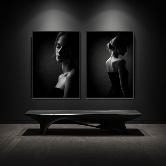 Framed fine art prints of Noir Studies Tension Pair by LunarHeartCo, featuring abstract black and white art on paper.