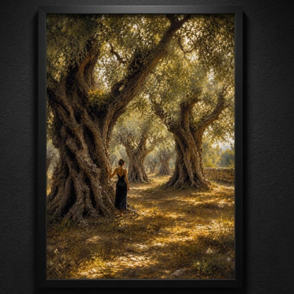 Close-up of Mediterranean olive grove wall art with ancient tree trunks, golden light, and a lone female figure.