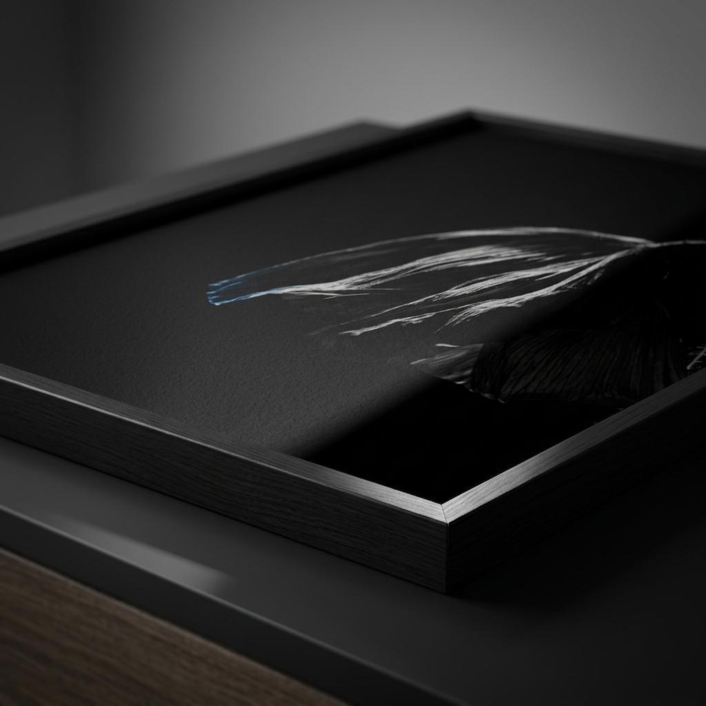 Framed fine art print titled DESCENT II by LunarHeartCo, 50x70 cm, showcasing abstract artwork with a sleek black frame.