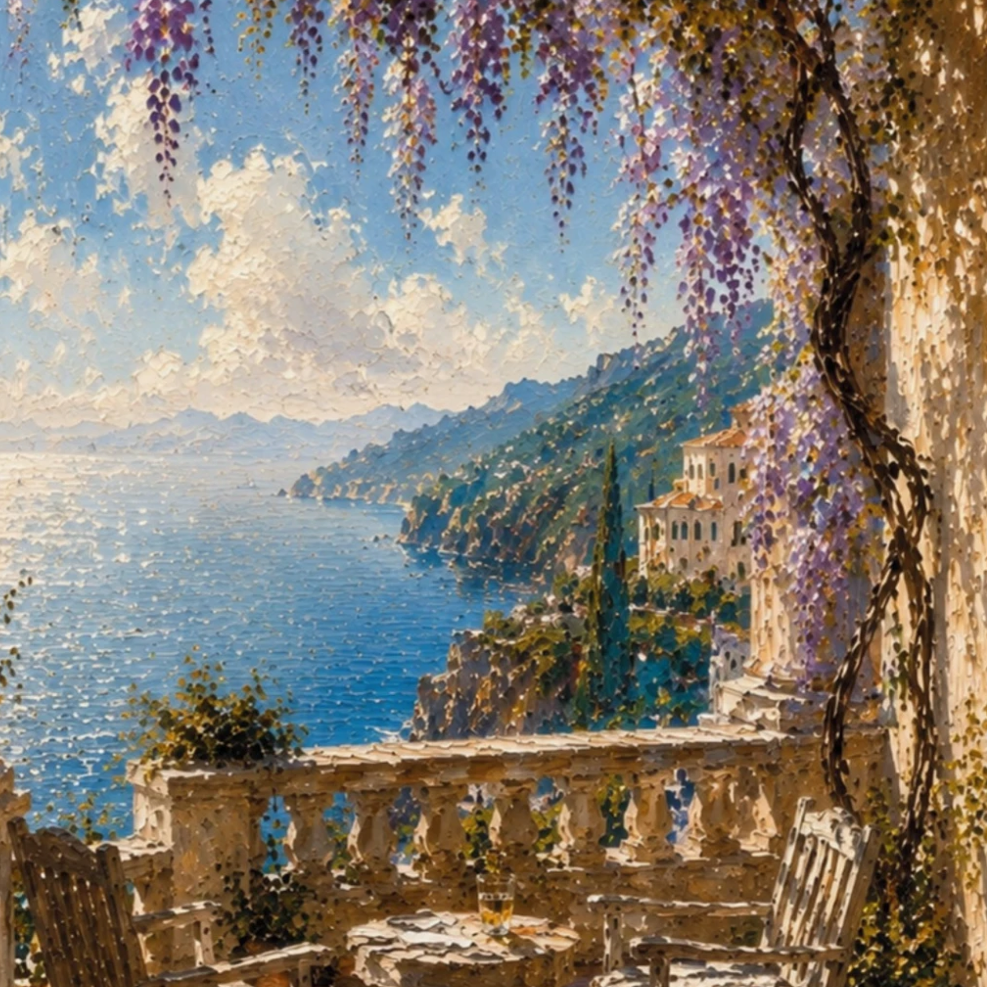 Framed wall art print titled "The Terrace" featuring Mediterranean scenery, by LunarHeartCo, with vibrant colors and detailed design.