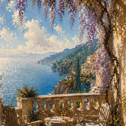 Framed wall art print titled "The Terrace" featuring Mediterranean scenery, by LunarHeartCo, with vibrant colors and detailed design.