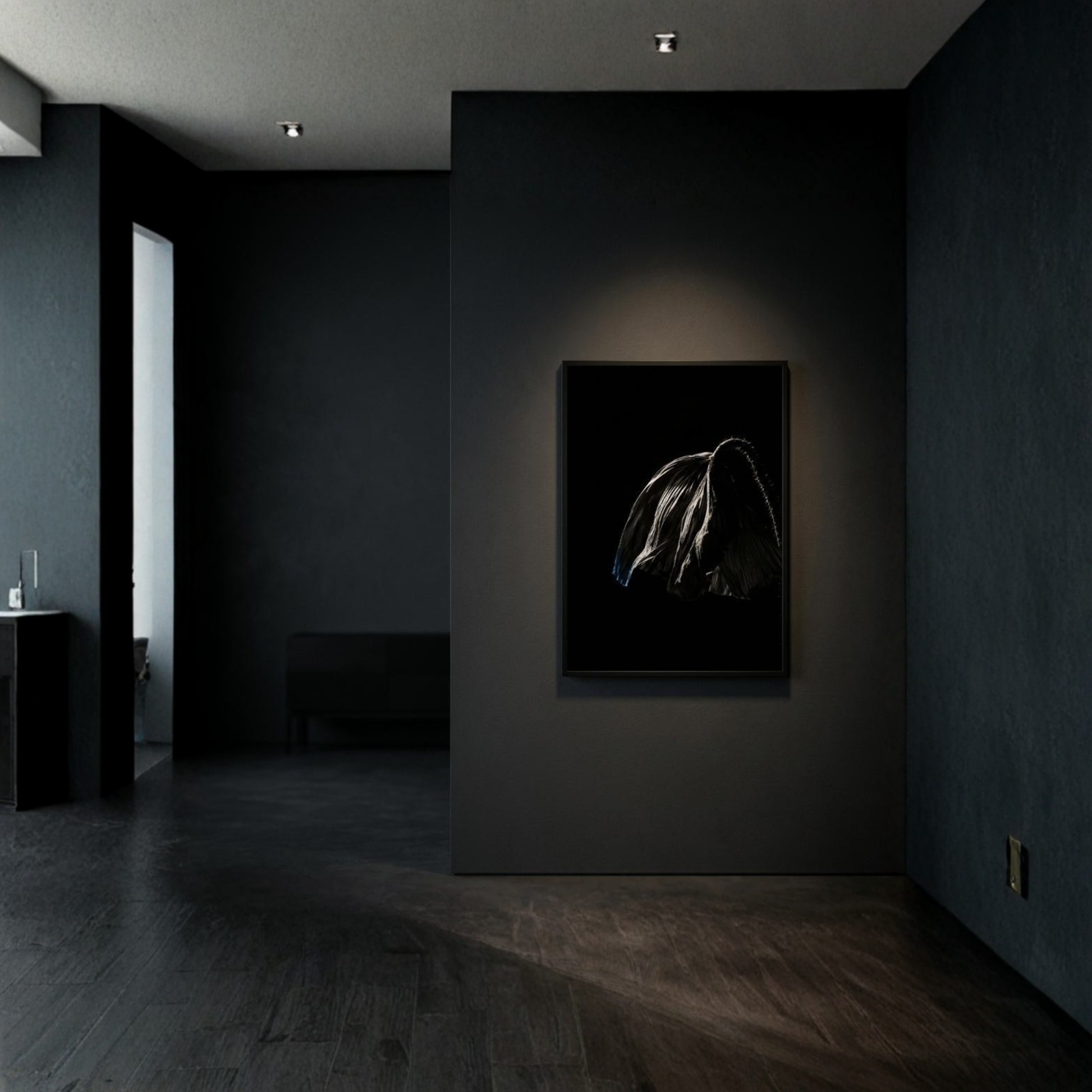 Framed Fine Art Print of "Descend II — Release" by LunarHeartCo, 50x70 cm, featuring abstract artistic design in a sleek frame.