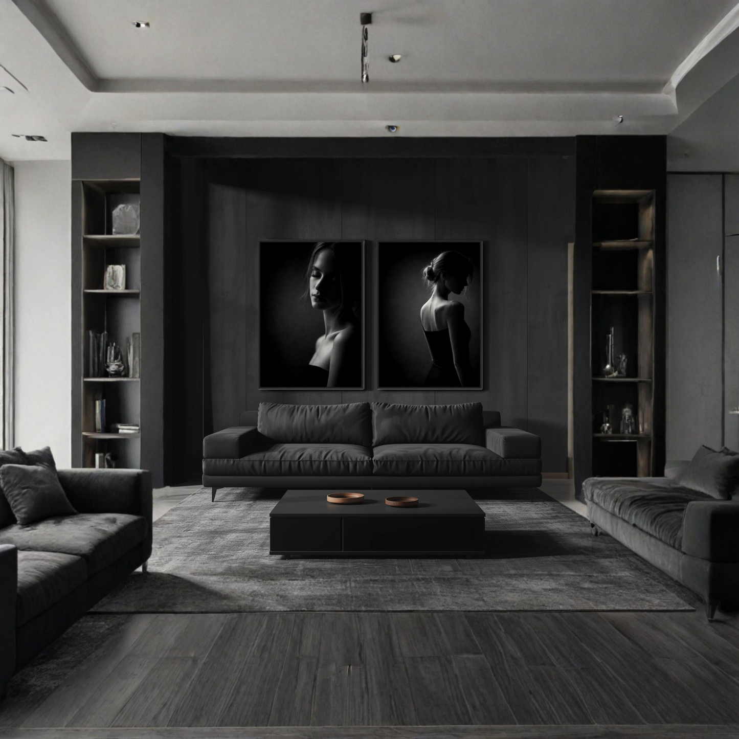 Framed fine art prints of Noir Studies Tension Pair by LunarHeartCo, featuring abstract black and white artwork on white frames.