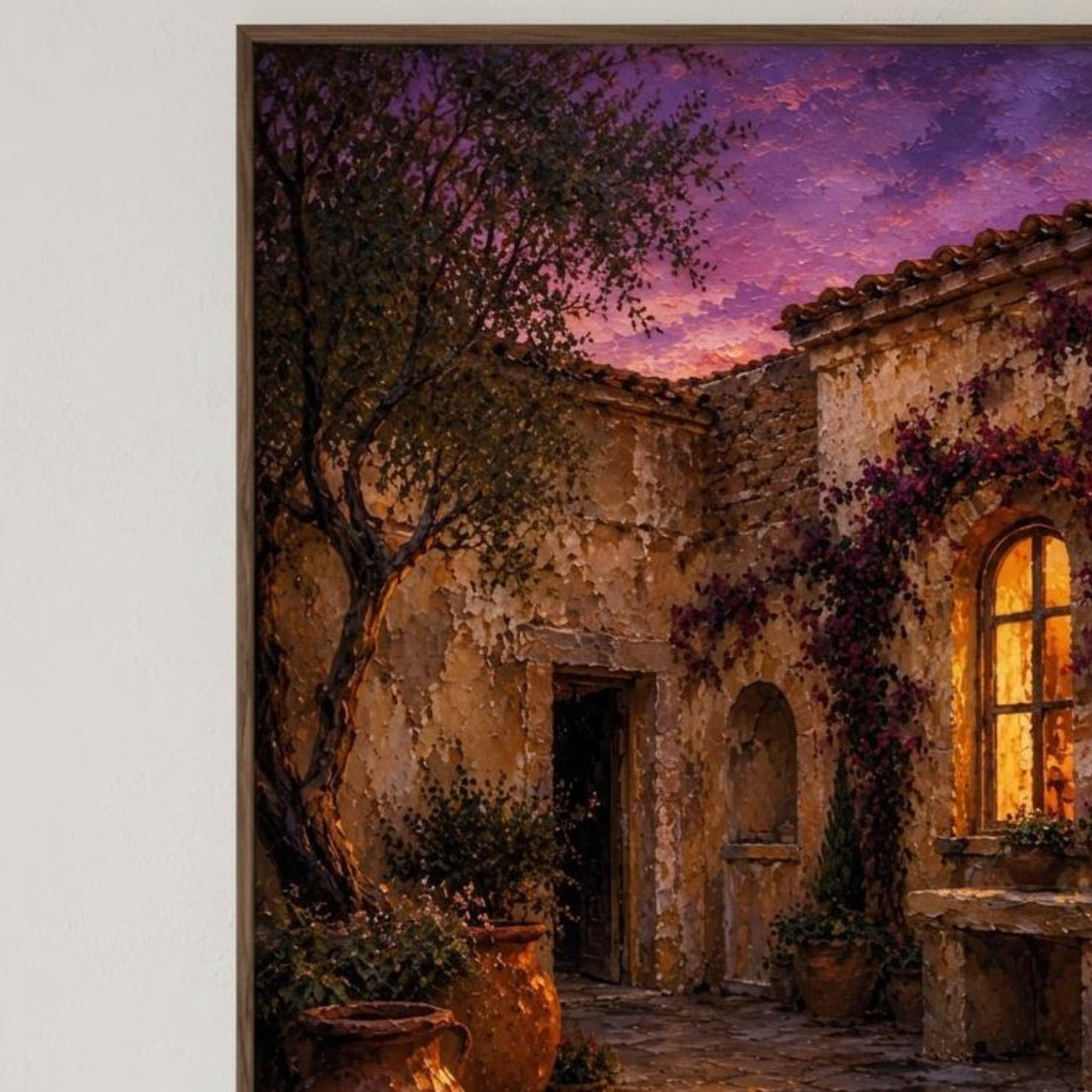 Close-up of Mediterranean courtyard wall art with glowing window, aged stone walls, terracotta vessels, and violet evening sky.