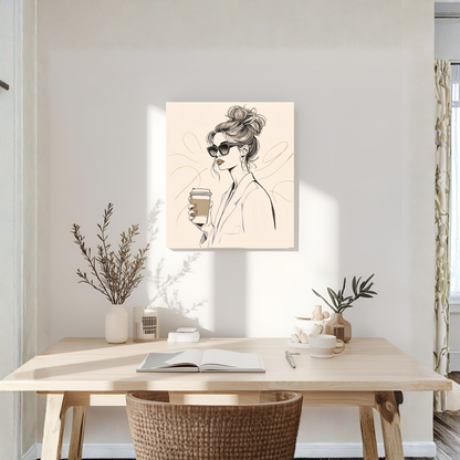 Beige Line-Art Coffee Girl – 16×16 Minimal Fashion Canvas Wall Art - LunarHeartCo