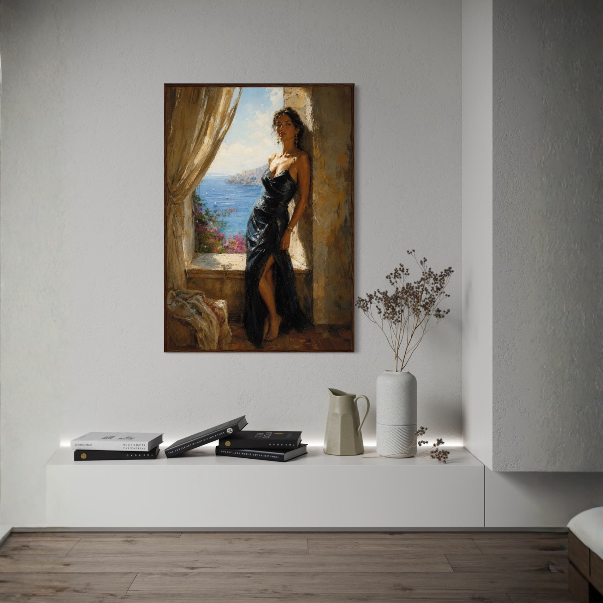 The Alcove Mediterranean framed art print displayed in a calm luxury interior.