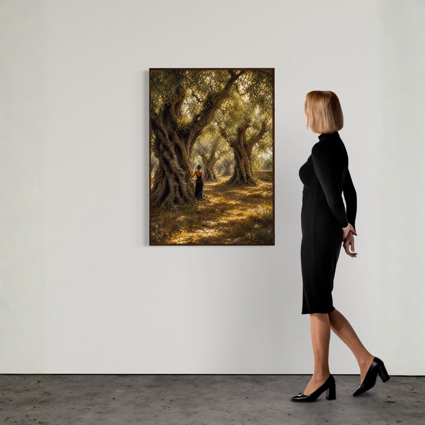 Mediterranean olive tree wall art showing a lone woman standing beneath ancient olive trees in golden light.