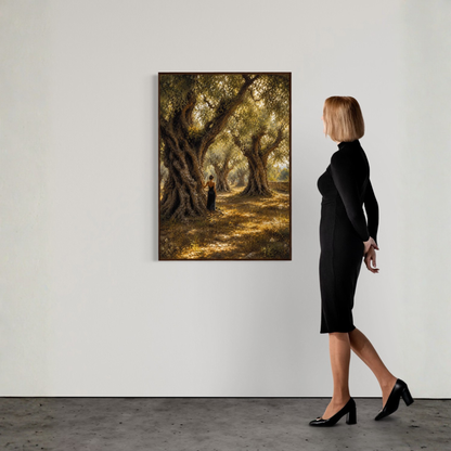 Mediterranean olive tree wall art showing a lone woman standing beneath ancient olive trees in golden light.