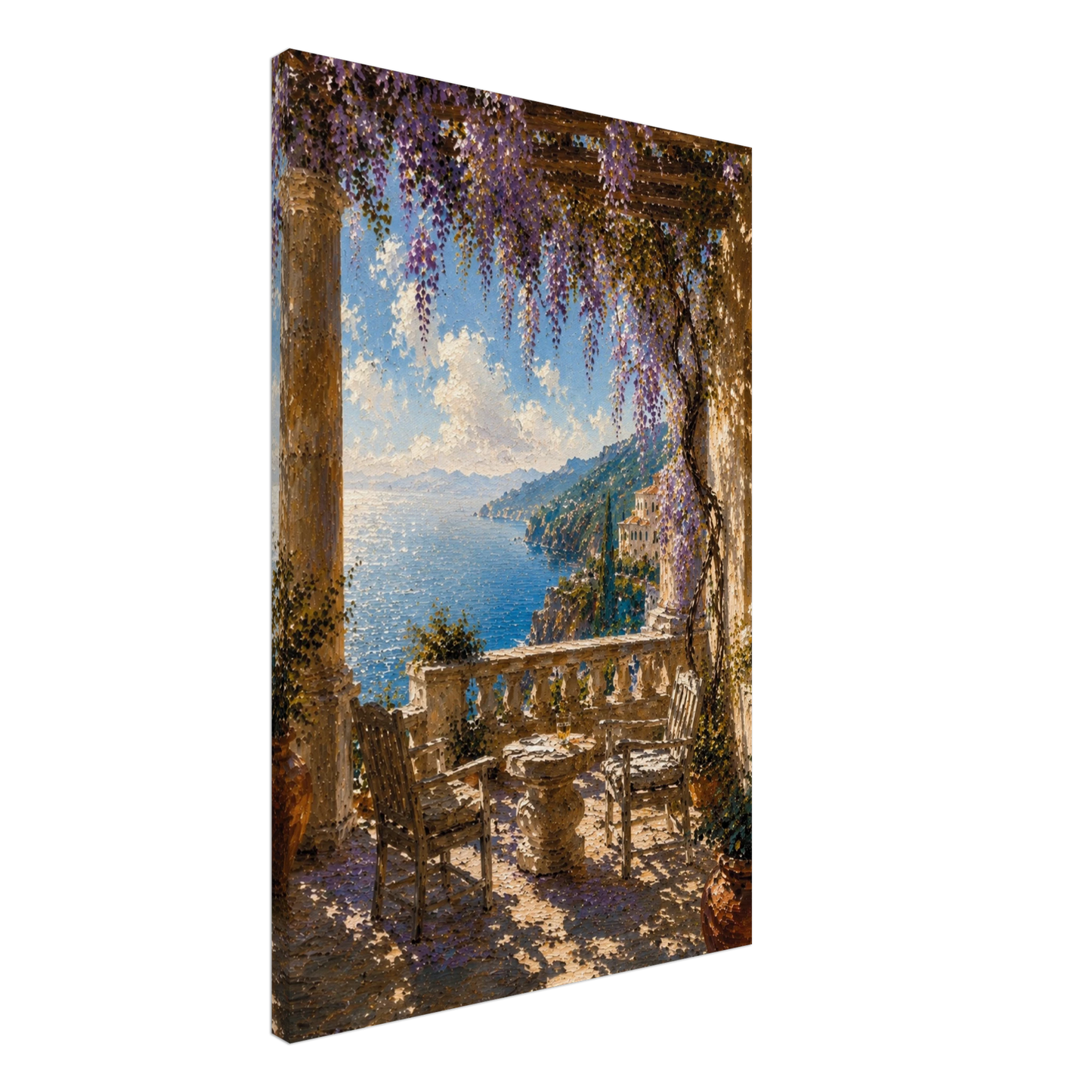 Gallery-wrapped canvas detail of The Terrace with wisteria, sunlit stone and artwork continuing around the edges.