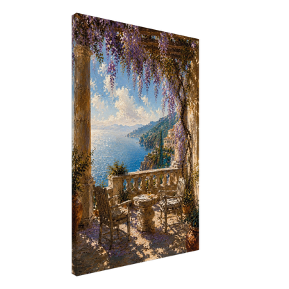 Gallery-wrapped canvas detail of The Terrace with wisteria, sunlit stone and artwork continuing around the edges.
