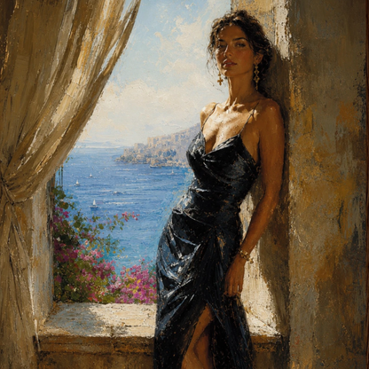 Close-up of Mediterranean alcove wall art with woman in black dress, stone wall, soft curtain, open window and coastal sea view.