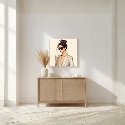 Beige Coffee Girl – 16×16 Minimal Line-Art Fashion Canvas Wall Art - LunarHeartCo