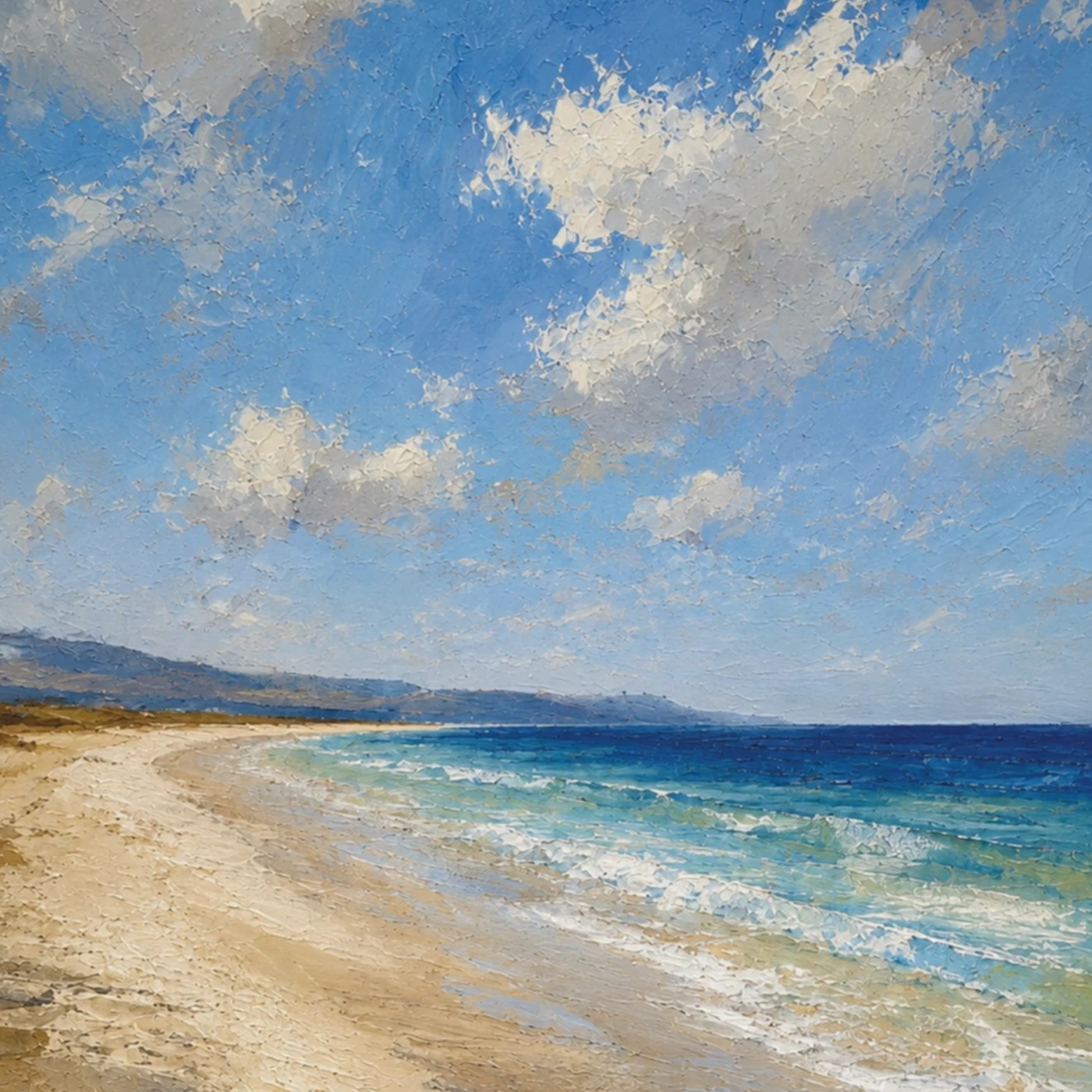Close-up of Mediterranean coastal wall art with pale beach, blue water, soft clouds and painterly texture.