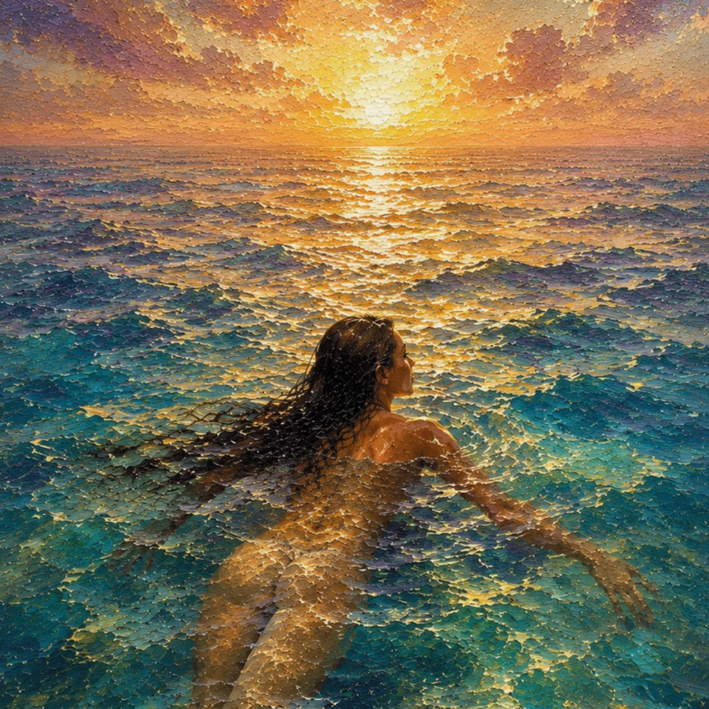 Close-up of Mediterranean sea wall art with turquoise water, golden sunset reflection, painterly texture and a lone figure swimming.