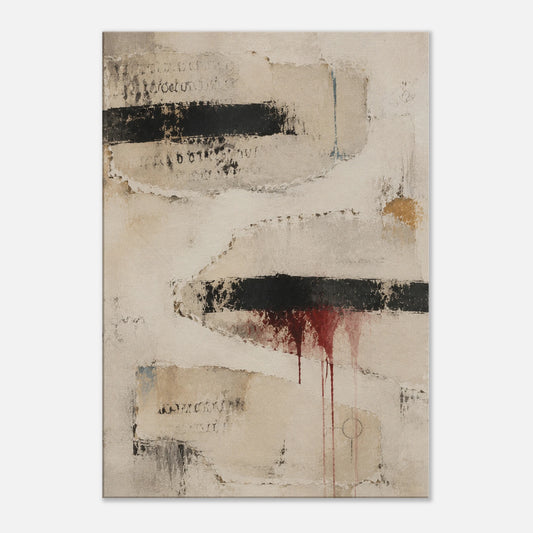 Redacted textured abstract canvas art with black horizontal marks, weathered neutral tones and a restrained burgundy bleed.