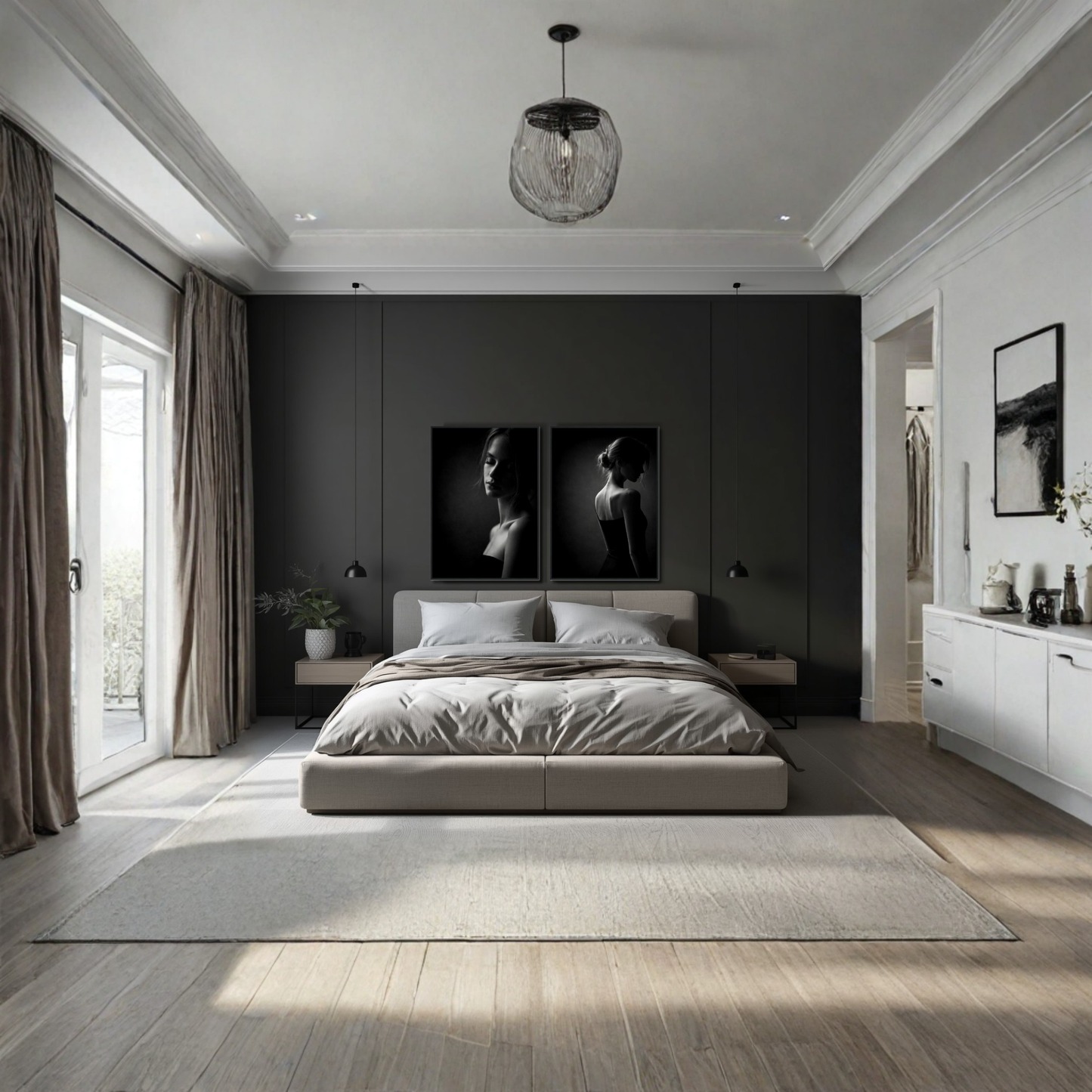 Framed Noir Studies Tension Pair art prints by LunarHeartCo featuring abstract black and white designs in sleek frames.