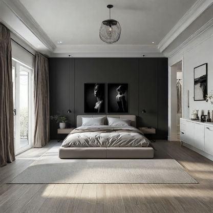 Framed Noir Studies Tension Pair art prints by LunarHeartCo featuring abstract black and white designs in sleek frames.