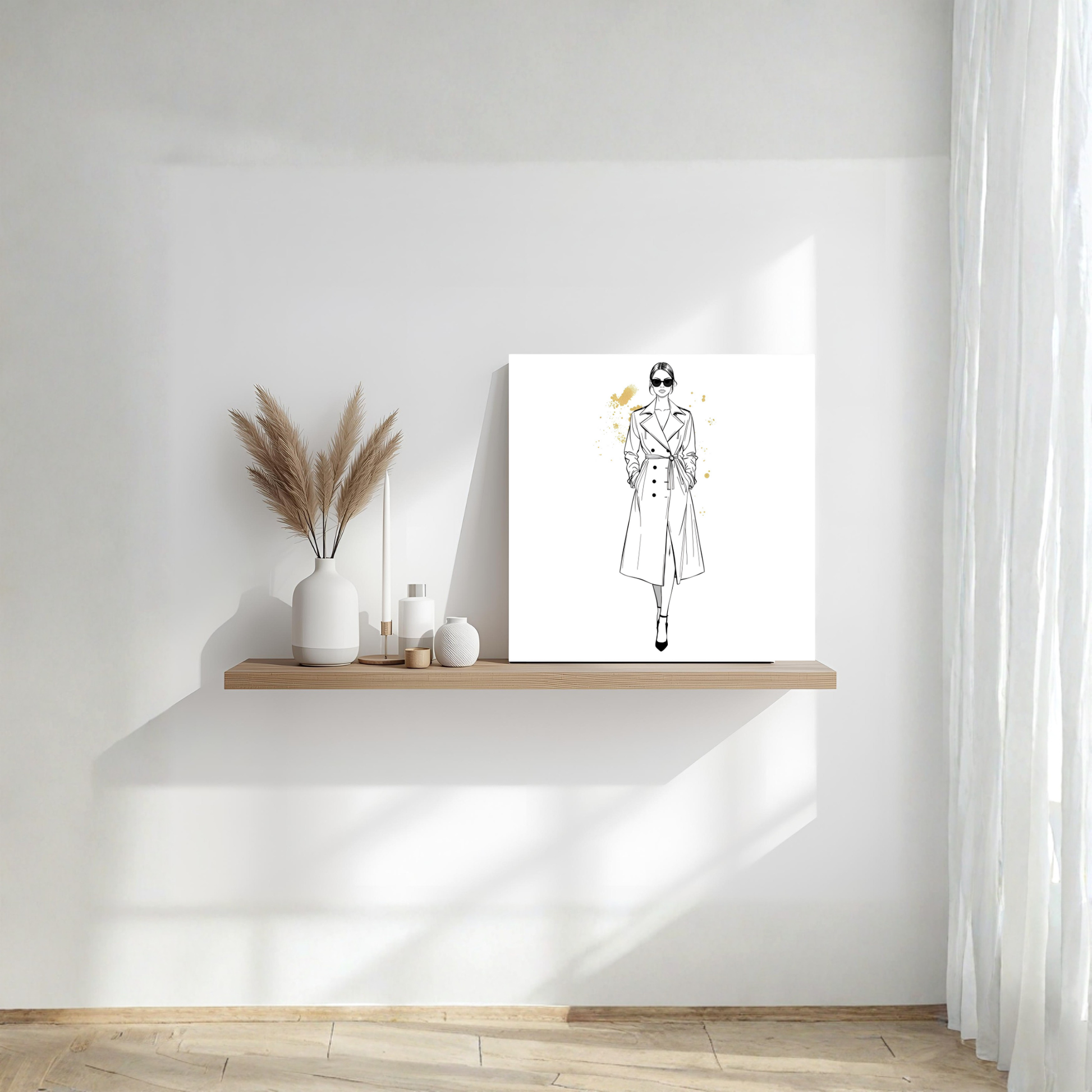 Minimal Line-Art Gold Accent Woman – 16×16 Fashion Canvas Wall Art - LunarHeartCo