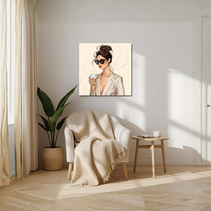 Beige Coffee Girl – 16×16 Minimal Line-Art Fashion Canvas Wall Art - LunarHeartCo