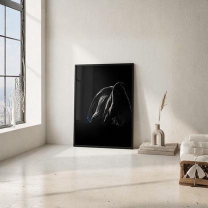 Framed fine art print titled DESCENT II by LunarHeartCo, measuring 50x70 cm, featuring abstract artwork in a sleek frame.