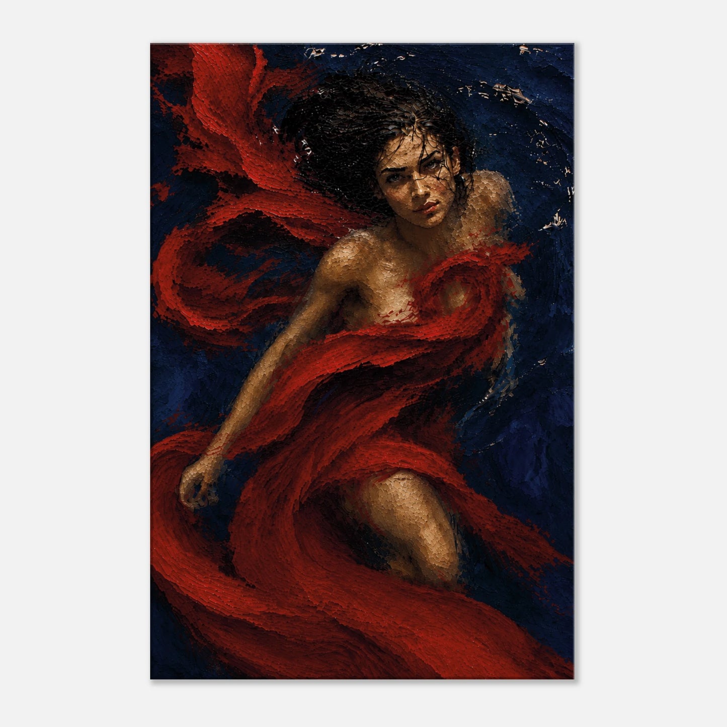 Crimson Undertow underwater woman canvas art with red fabric moving through deep cobalt water.