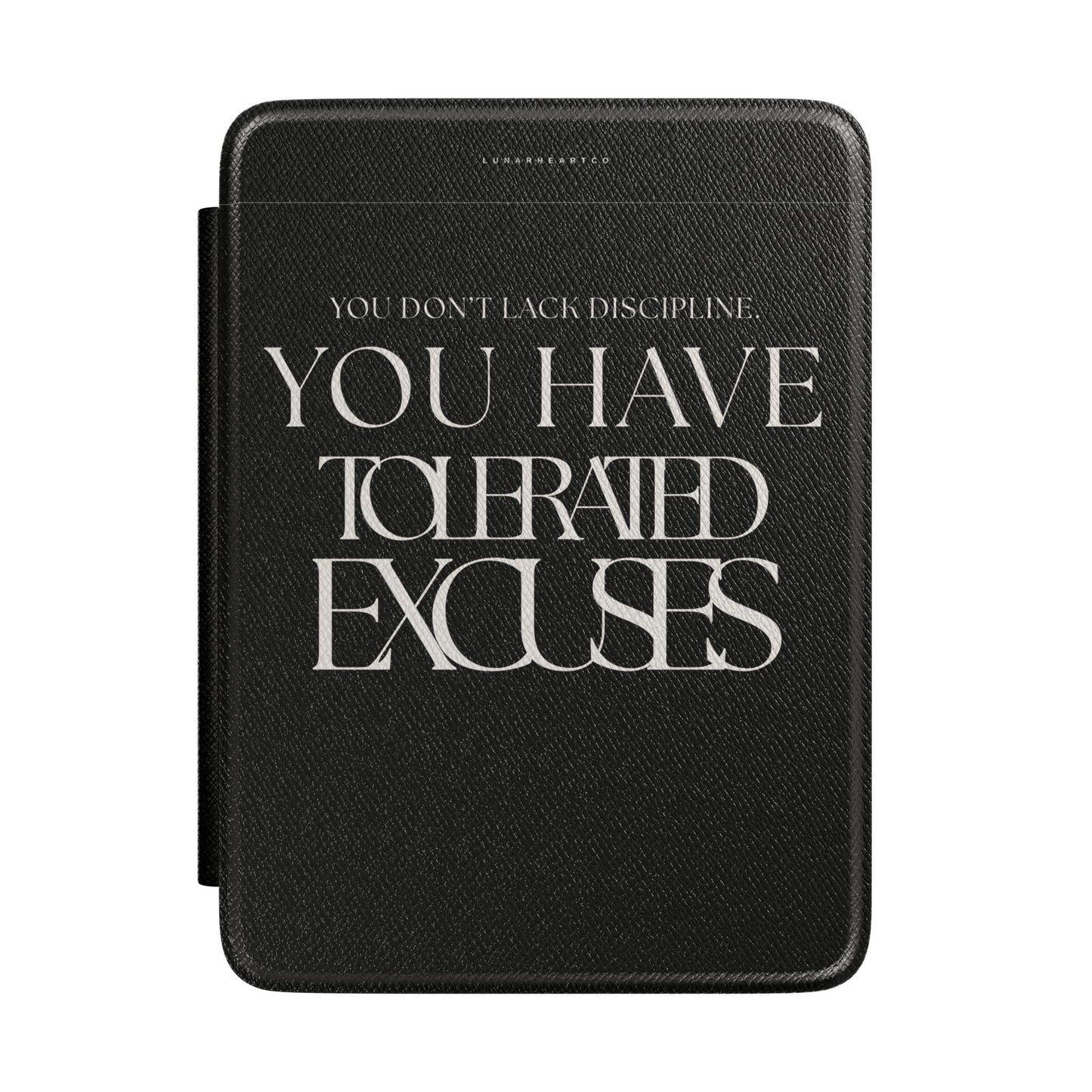 LunarHeartCo Discipline I Kindle case featuring the Tolerate Excuses design from the Behaviour Series, with a colorful, artistic pattern.