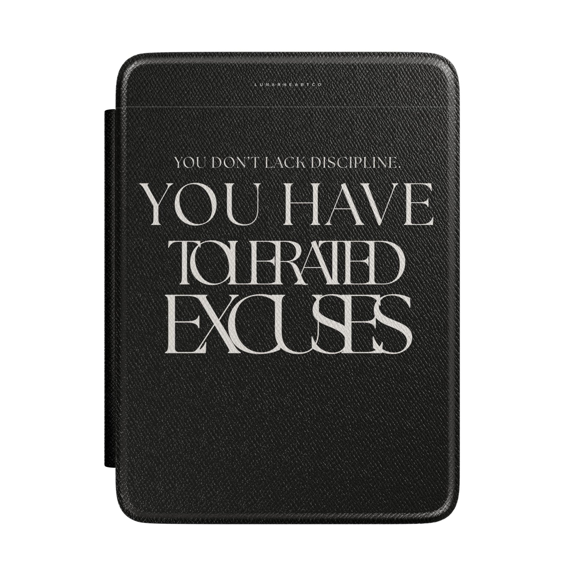 LunarHeartCo Discipline I Kindle case featuring the Tolerate Excuses design from the Behaviour Series, with a colorful, artistic pattern.