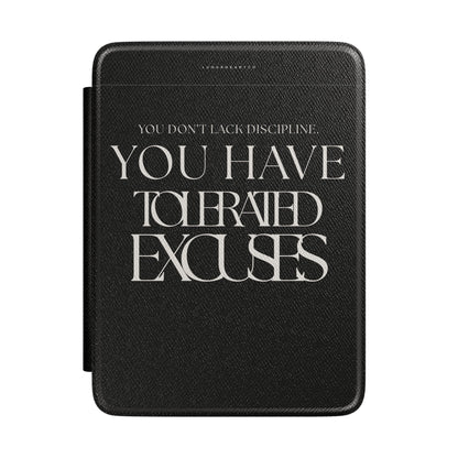 LunarHeartCo Discipline I Kindle case featuring the Tolerate Excuses design from the Behaviour Series, with a colorful, artistic pattern.