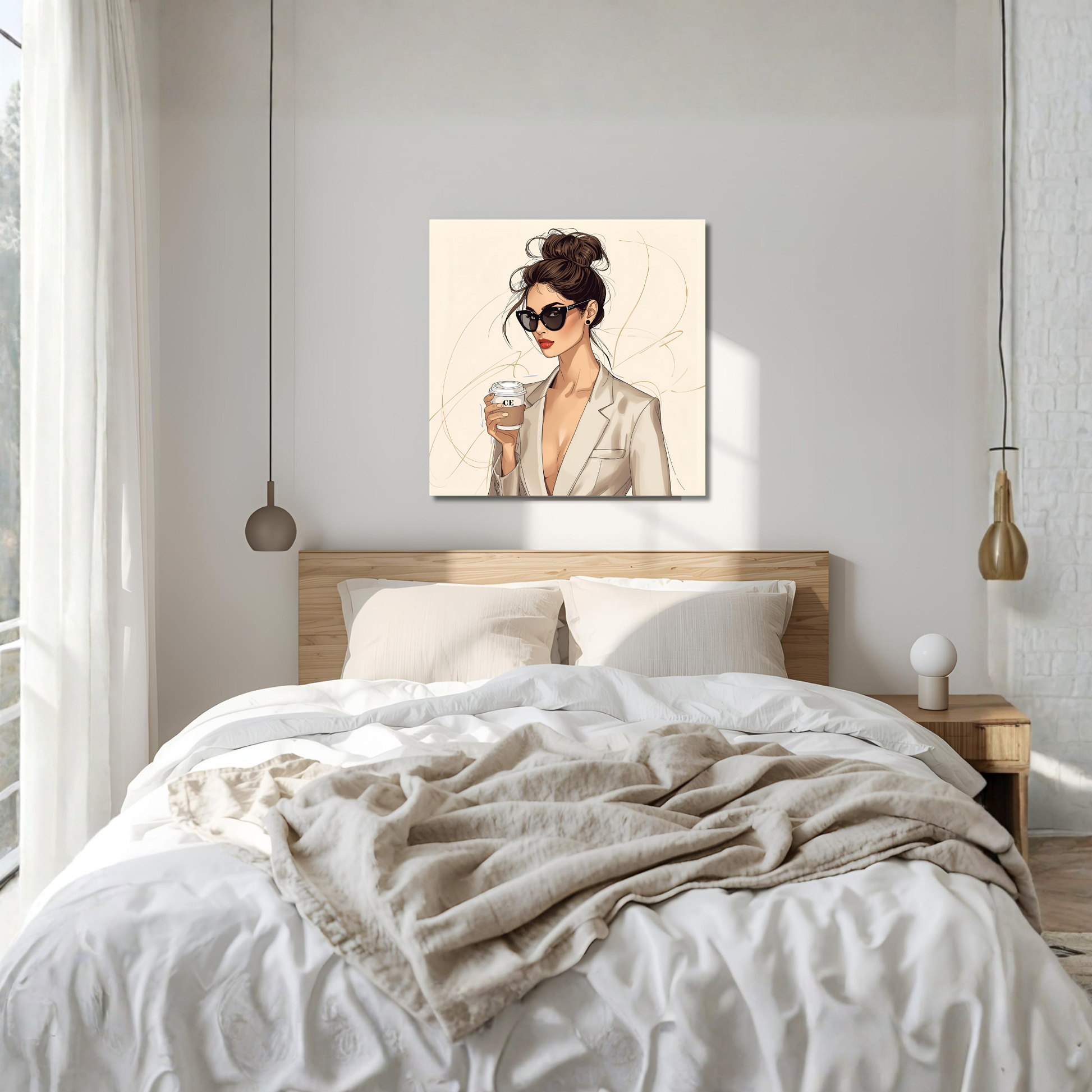 Beige Coffee Girl – 16×16 Minimal Line-Art Fashion Canvas Wall Art - LunarHeartCo