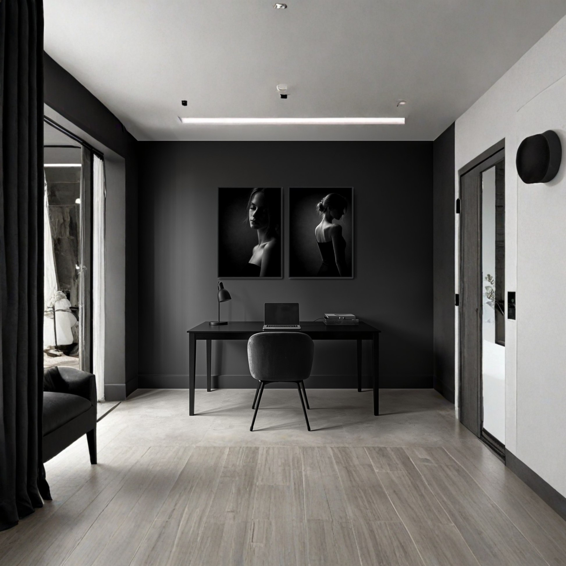 Framed fine art prints titled Noir Studies Tension Pair by LunarHeartCo, featuring abstract black and white designs in sleek frames.
