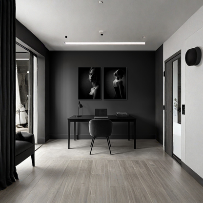 Framed fine art prints titled Noir Studies Tension Pair by LunarHeartCo, featuring abstract black and white designs in sleek frames.