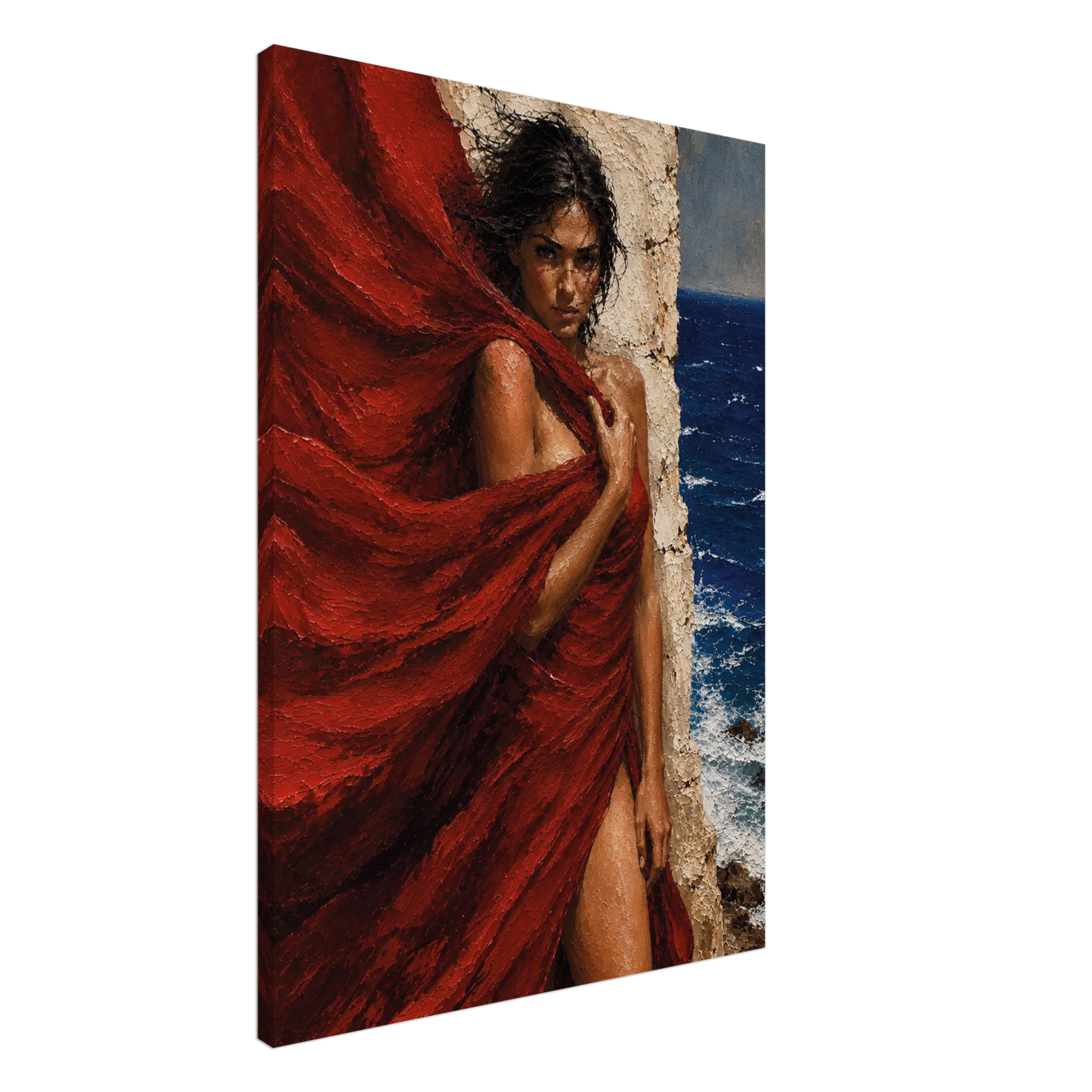 Side view of The Red Veil canvas showing the hand-stretched profile and wrapped artwork edges.