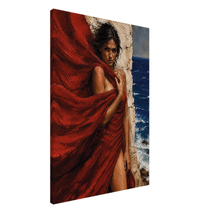 Side view of The Red Veil canvas showing the hand-stretched profile and wrapped artwork edges.