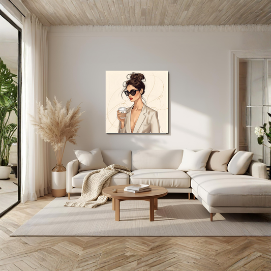 Beige Coffee Girl – 16×16 Minimal Line-Art Fashion Canvas Wall Art - LunarHeartCo