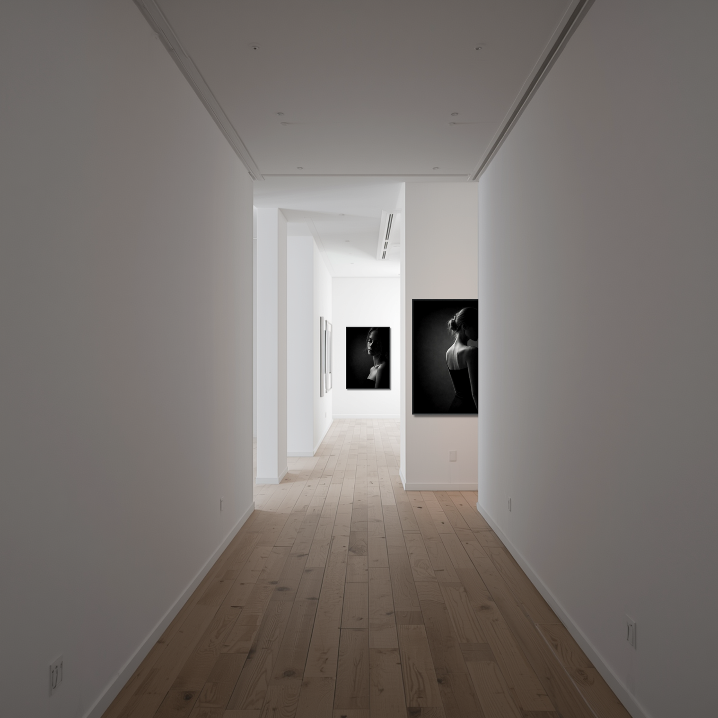Framed black and white art prints of Muse III and IV from LunarHeartCo's Noir Studies Tension Pair collection.