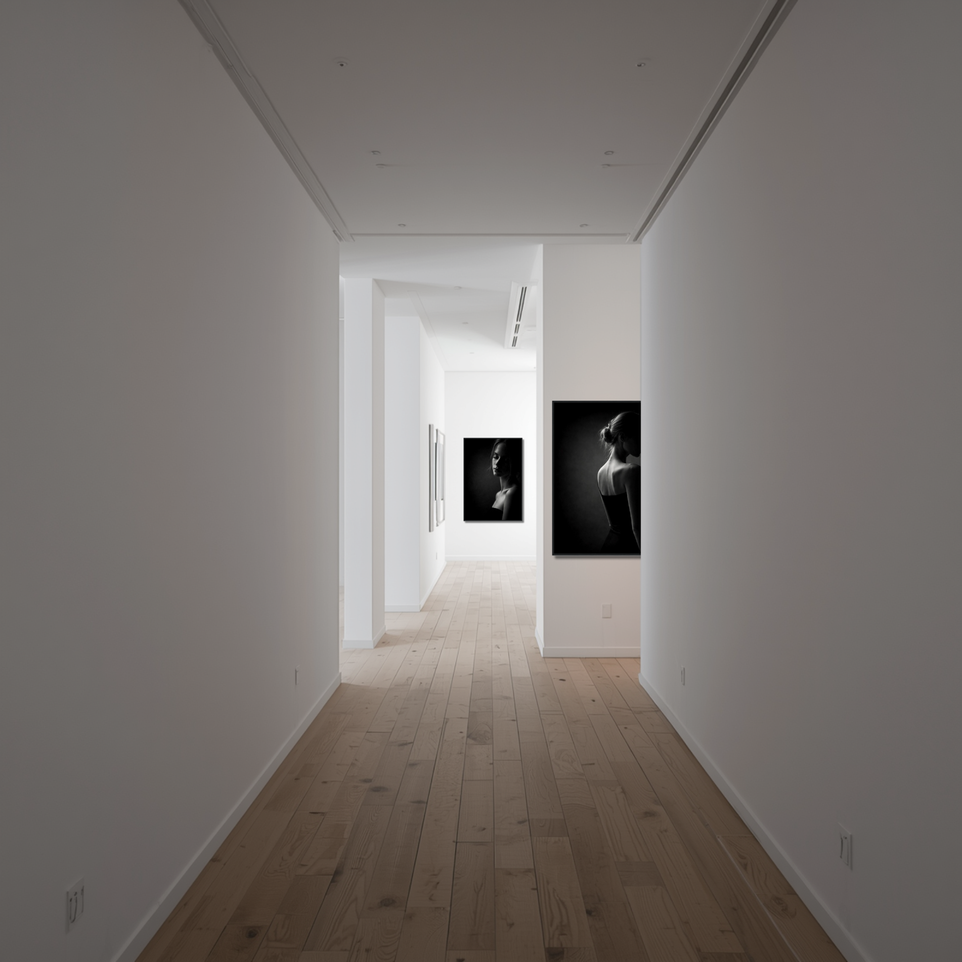 Framed black and white art prints of Muse III and IV from LunarHeartCo's Noir Studies Tension Pair collection.