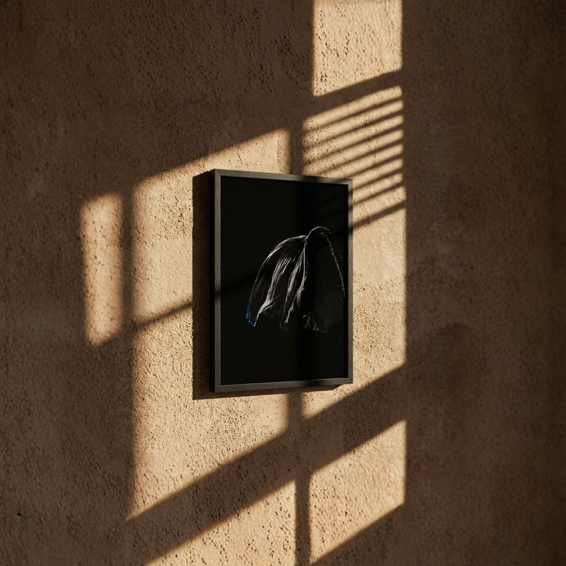 LunarHeartCo Descent II framed fine art print, 50x70 cm, featuring an abstract design in a sleek black frame.