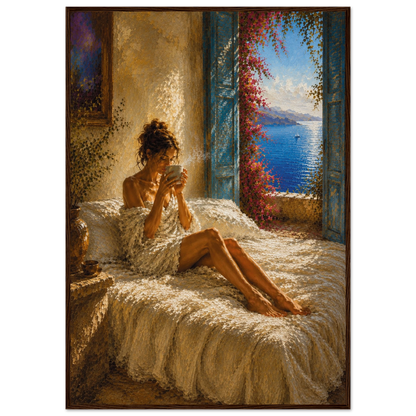 Mediterranean morning wall art displayed in a dark wood frame in a warm interior.