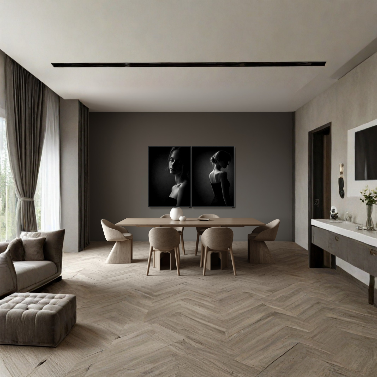 Framed fine art prints of Noir Studies Tension Pair by LunarHeartCo, featuring abstract black and white artwork on display.