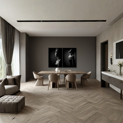 Framed fine art prints of Noir Studies Tension Pair by LunarHeartCo, featuring abstract black and white artwork on display.