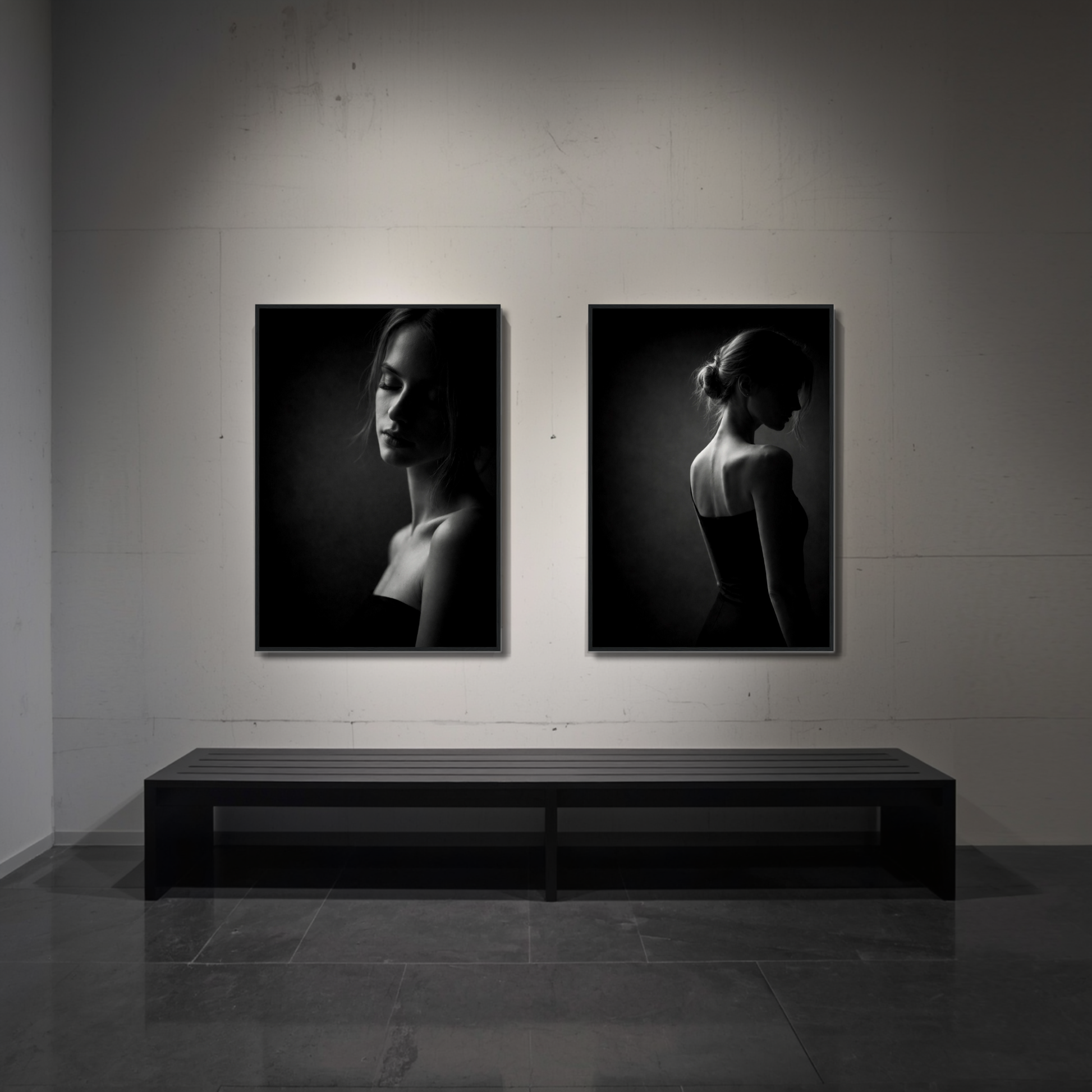 Framed Noir Studies Tension Pair art prints by LunarHeartCo featuring abstract dark-toned designs in sleek black frames.