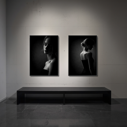 Framed Noir Studies Tension Pair art prints by LunarHeartCo featuring abstract dark-toned designs in sleek black frames.
