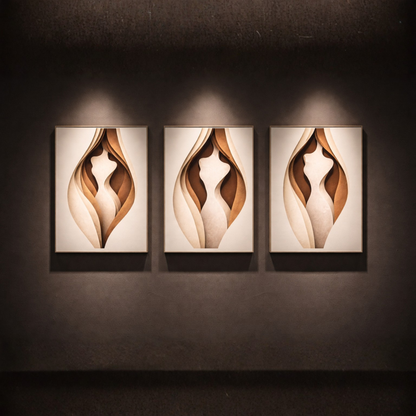 LunarHeartCo Body Cut Complete Study wall art set of 3 abstract designs in neutral tones on a white background