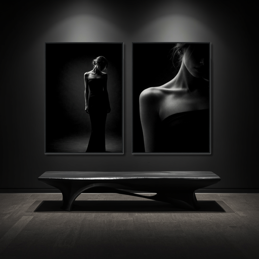 Framed fine art prints of Noir Studies Foundation Pair by LunarHeartCo, featuring black and white abstract designs.