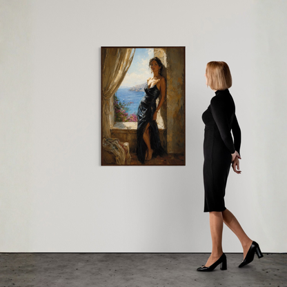Mediterranean interior wall art showing a woman in a black dress standing in a stone alcove beside an open window with sea view.