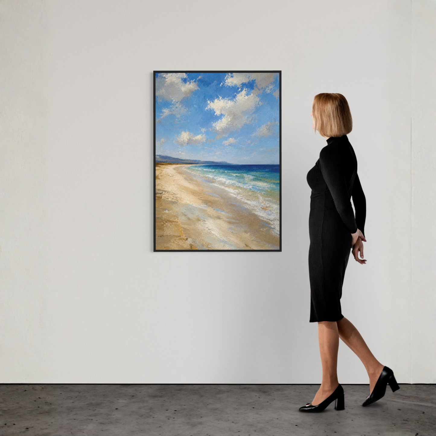 Mediterranean beach wall art showing a quiet shoreline with pale sand, blue sea, soft clouds and distant horizon light.
