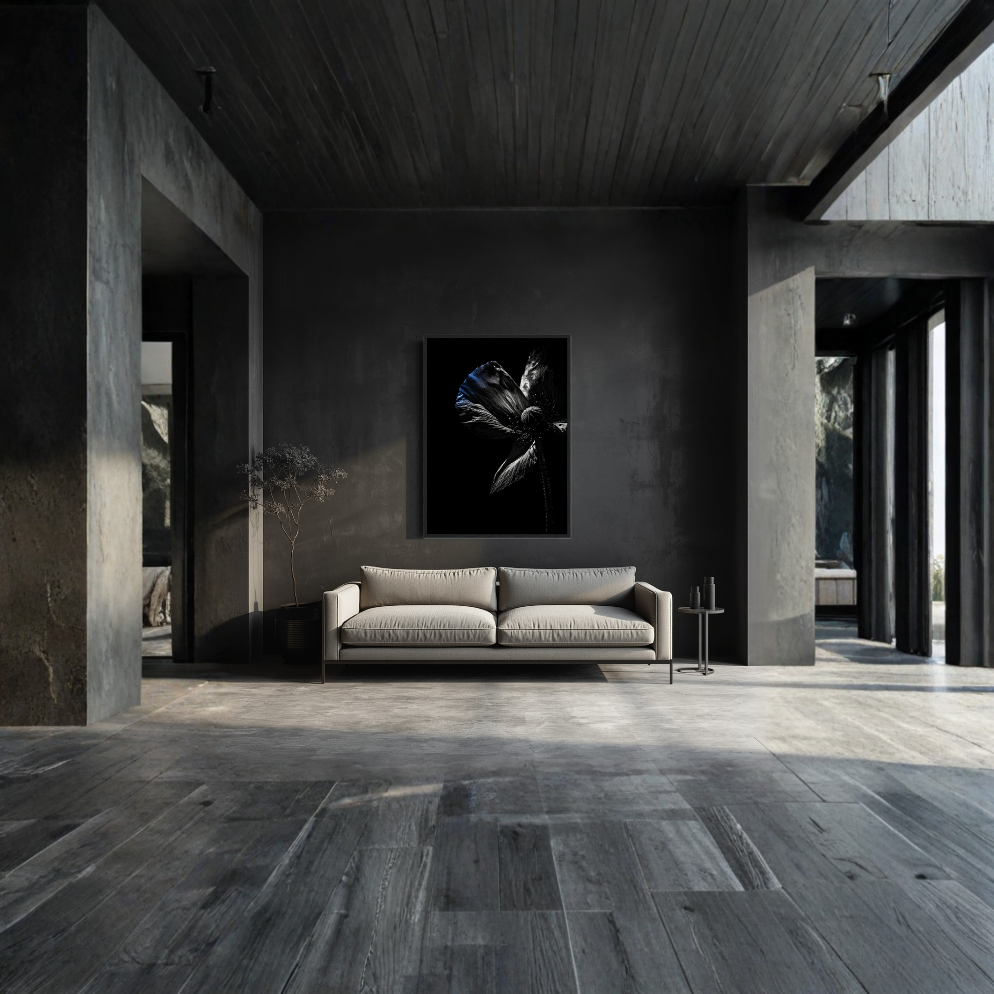 Framed fine art print titled DESCENT I — CONTROL by LunarHeartCo, 50x70 cm, showcasing abstract artwork in a sleek frame.